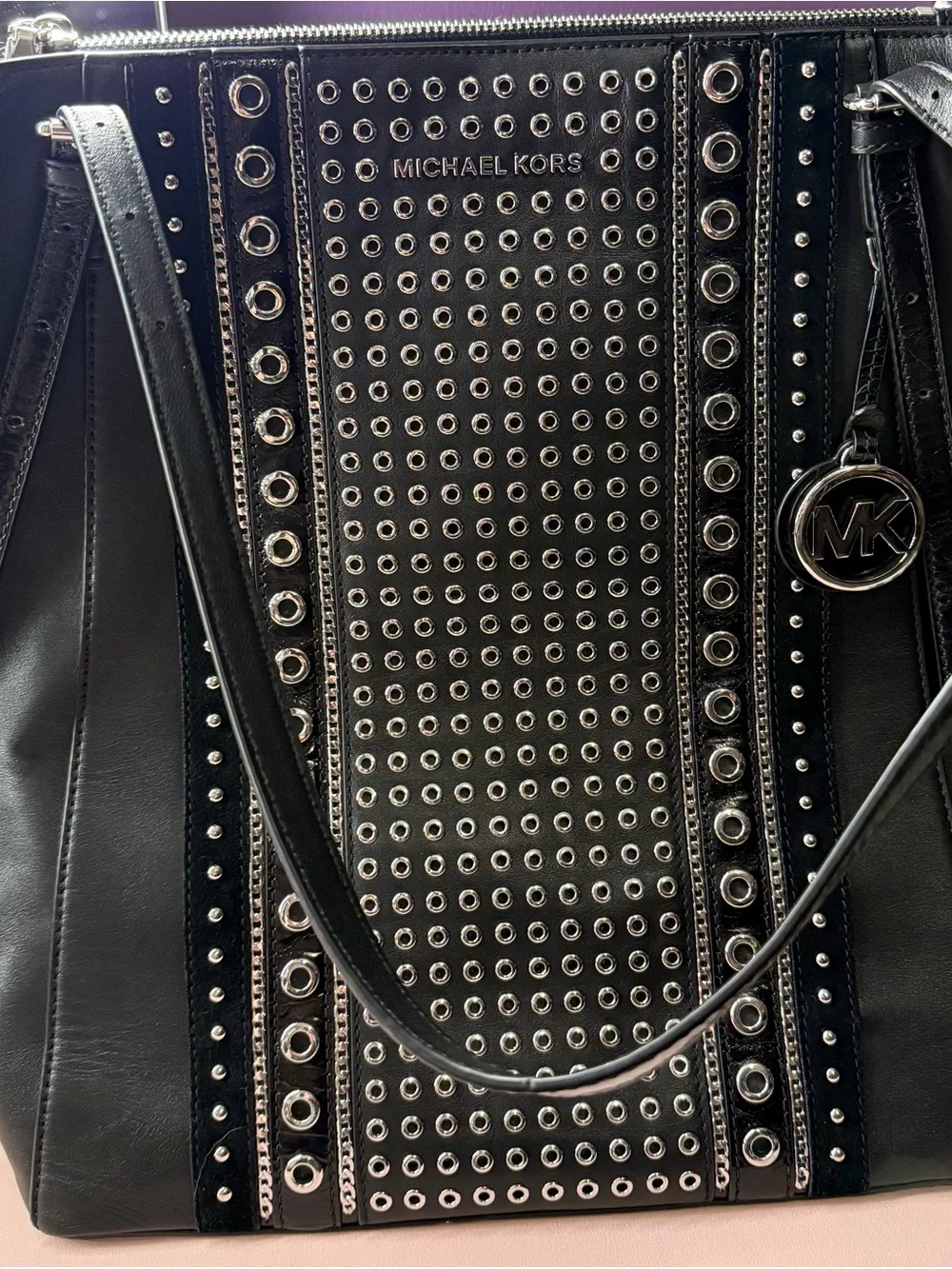 Michael Kors Black Leather Eyelet Tote with MK Charm